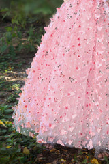 Pink Sleeveless Butterfly Embellished Gown For Girls