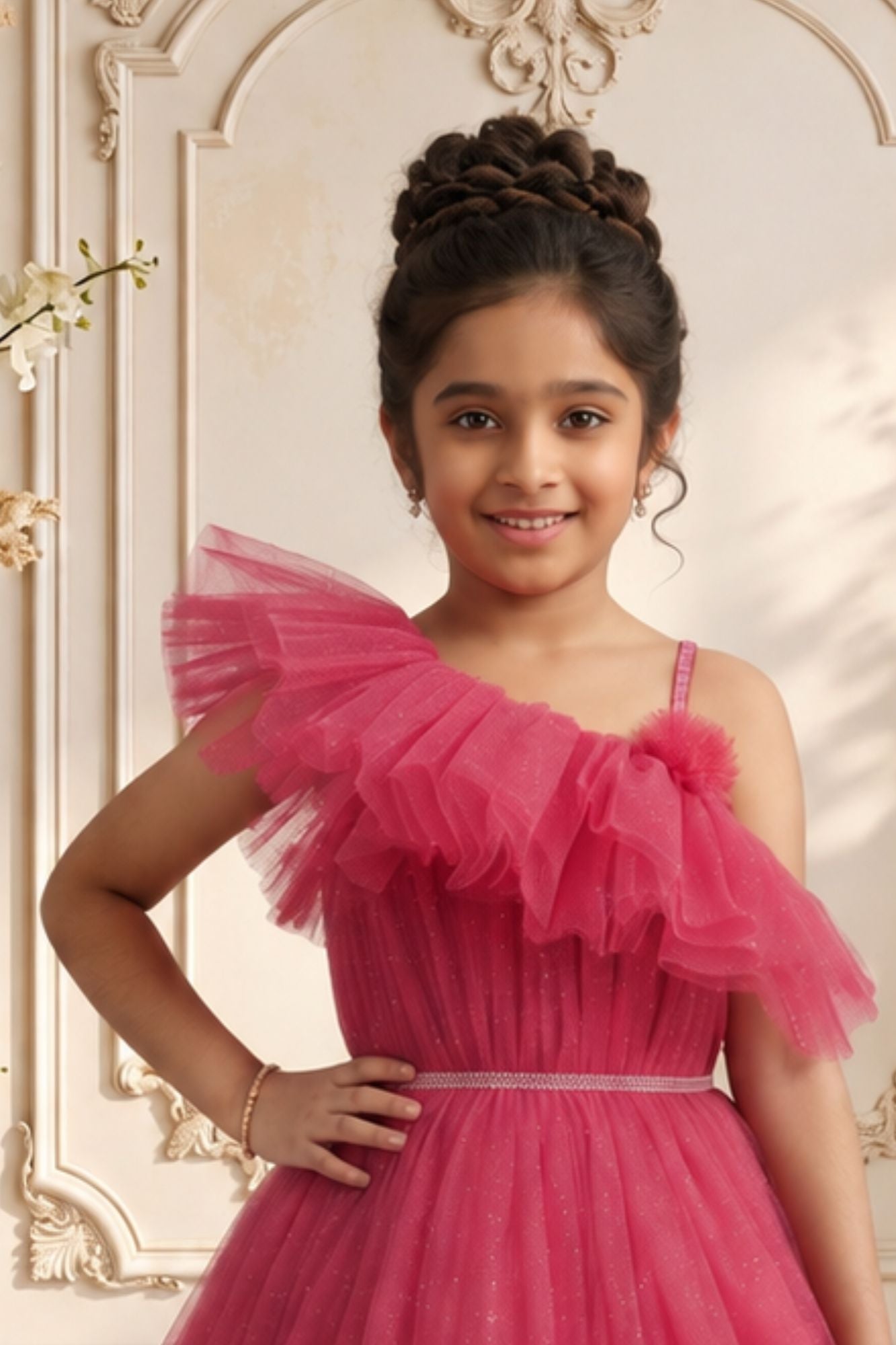 Rani Pink One-Shoulder Net Party Gown with Layered Ruffle Hem For Girls