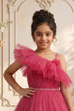 Rani Pink One-Shoulder Net Party Gown with Layered Ruffle Hem For Girls