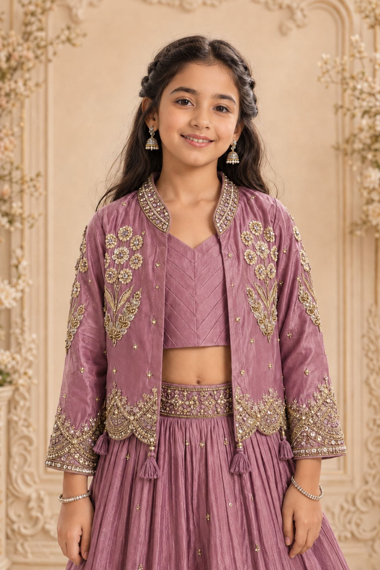 Dusty Mauve Heavy Floral Embroidered Lehenga Choli with Jacket