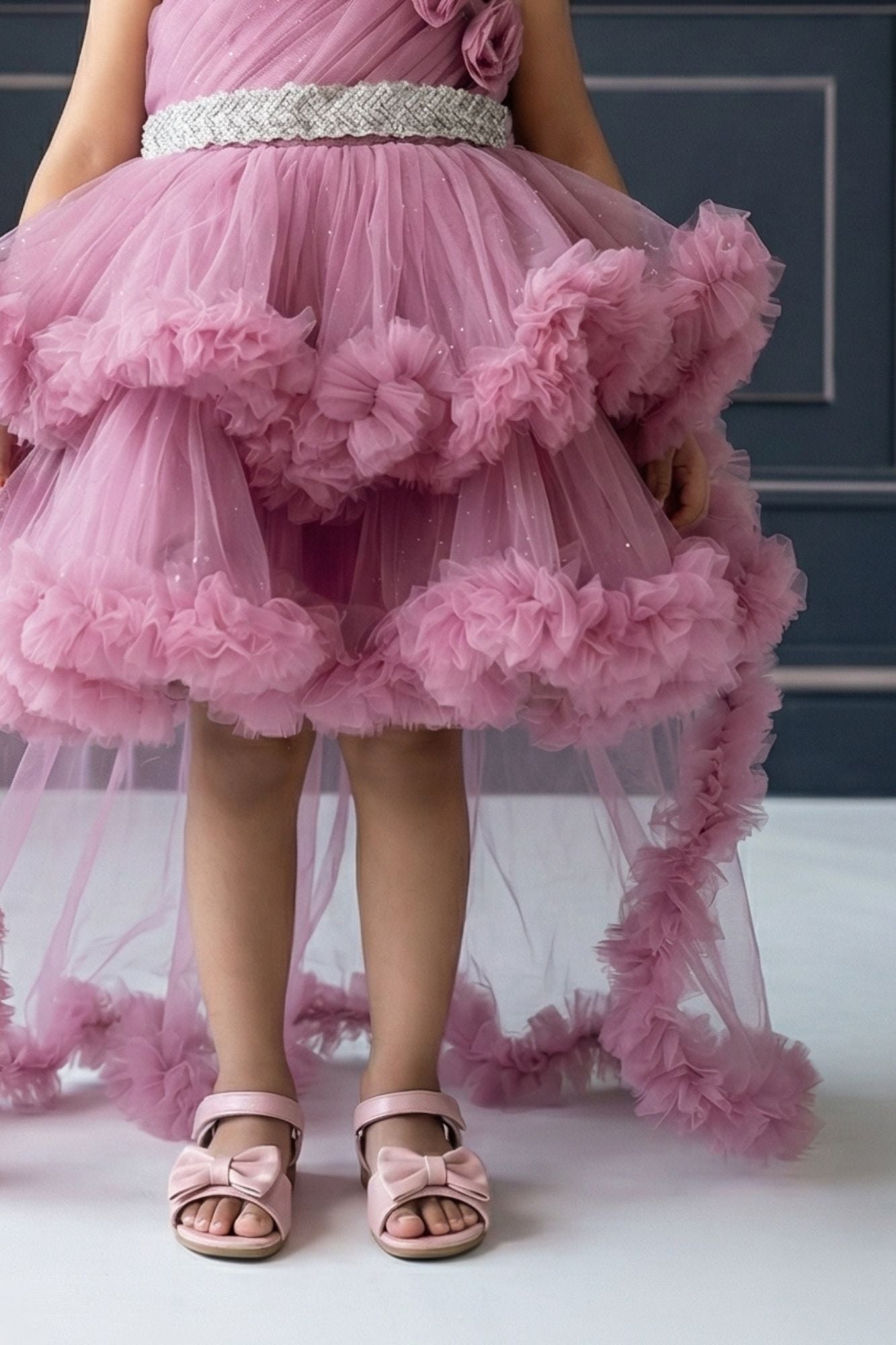 Onion Pink Floral Appliqué Layered High-Low Party Wear Frock For Girls