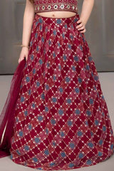 Maroon Mirror Work And Embroidered Lehenga Choli Set For Girls