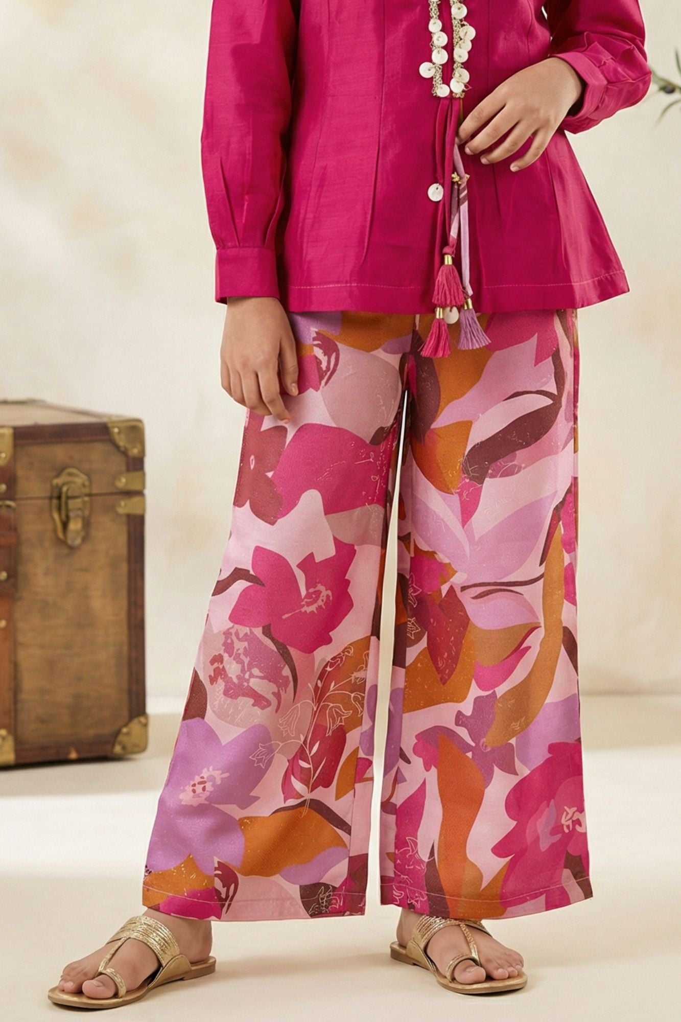 Stylish Pink Top And Printed Pant Set For Girls