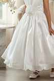 Designer White Embellished Rosette Party Gown For Girls