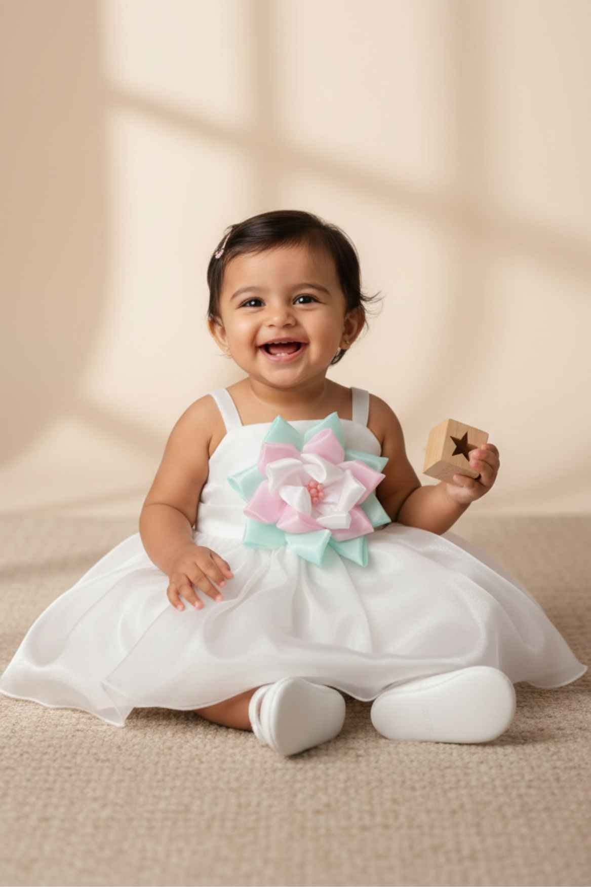 White Party Frock with Pastel 3D Lotus Flower Appliqué For Girls