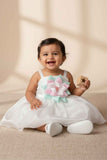 White Party Frock with Pastel 3D Lotus Flower Appliqué For Girls