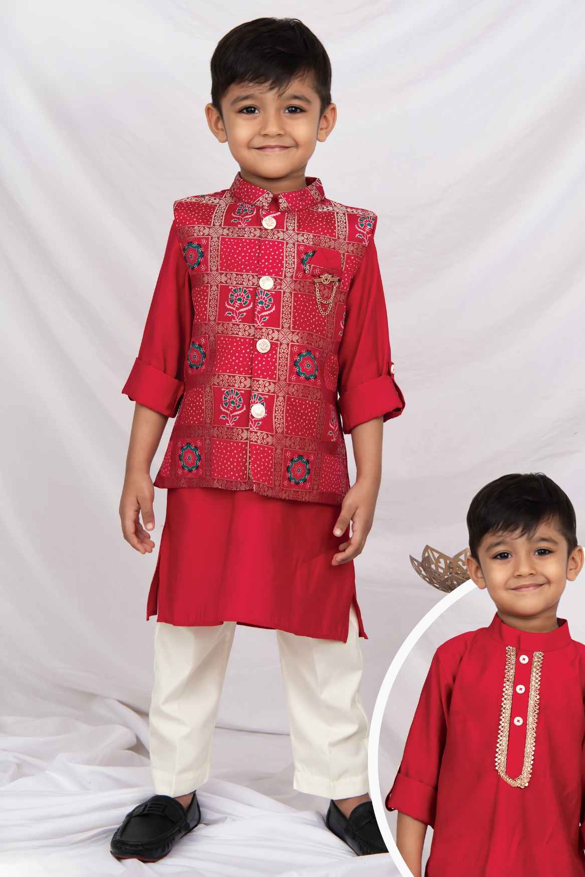 Red Jaipuri Printed Waist Coat And Kurta With Cream Pant Set For Boys