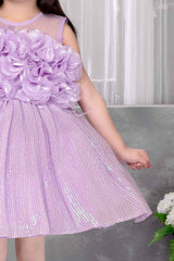 Designer Purple Net Sequin And Floral Embellished Frock For Girls