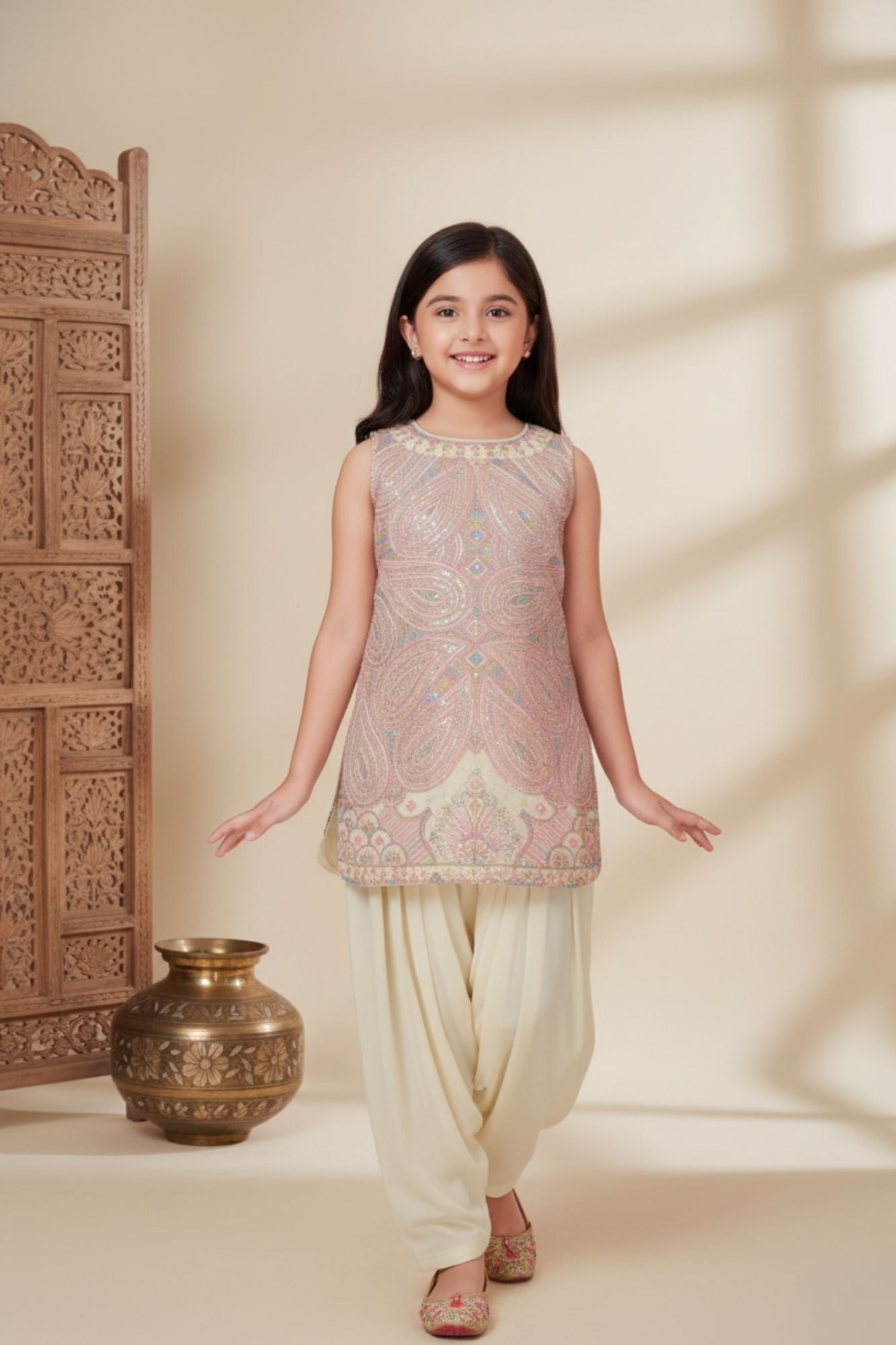 Multicolor Sequins Embroidered Kurti with Patiala Pants For Girls