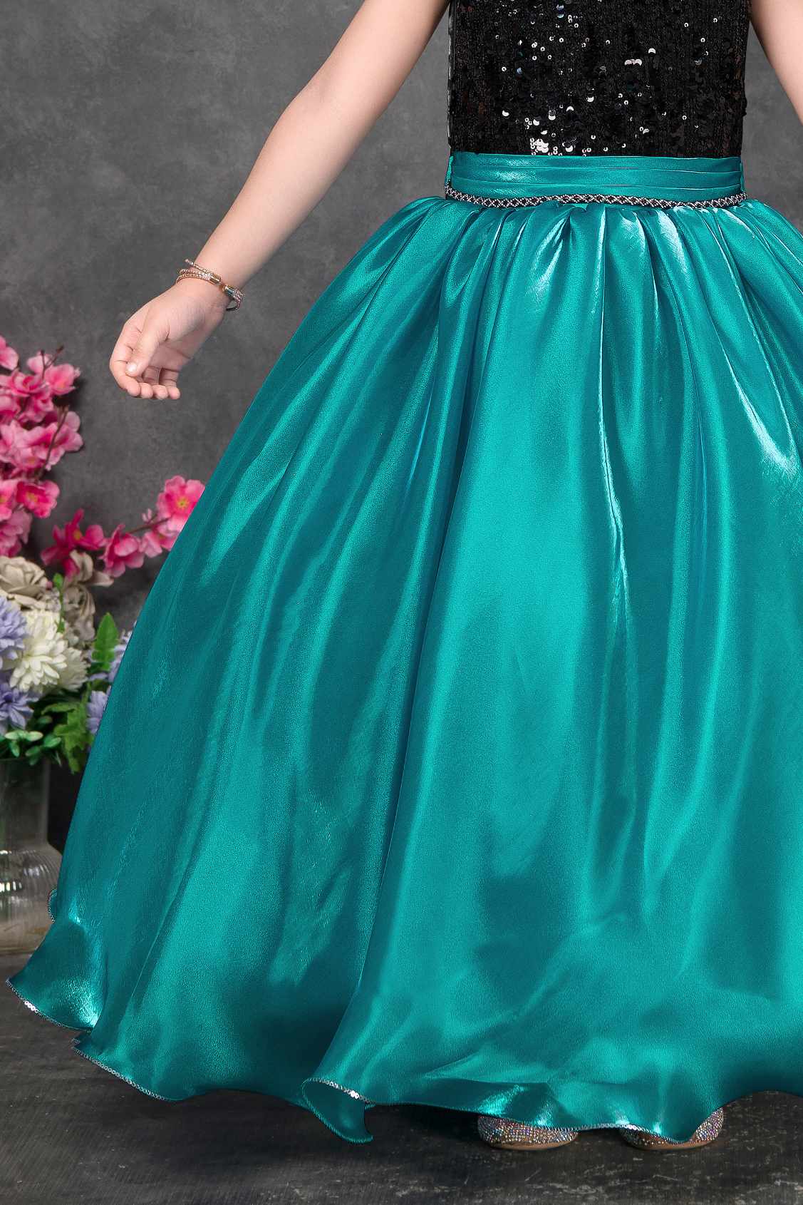 Teal Sequin Princess Party Wear Gown For Girls