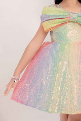 Multicolor Sequins Frock With Bow Embellished For Girls