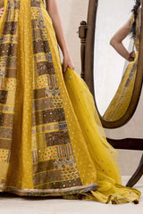 Yellow Sequins Work And Zari Embroidered Gown With Floral Printed For Girls