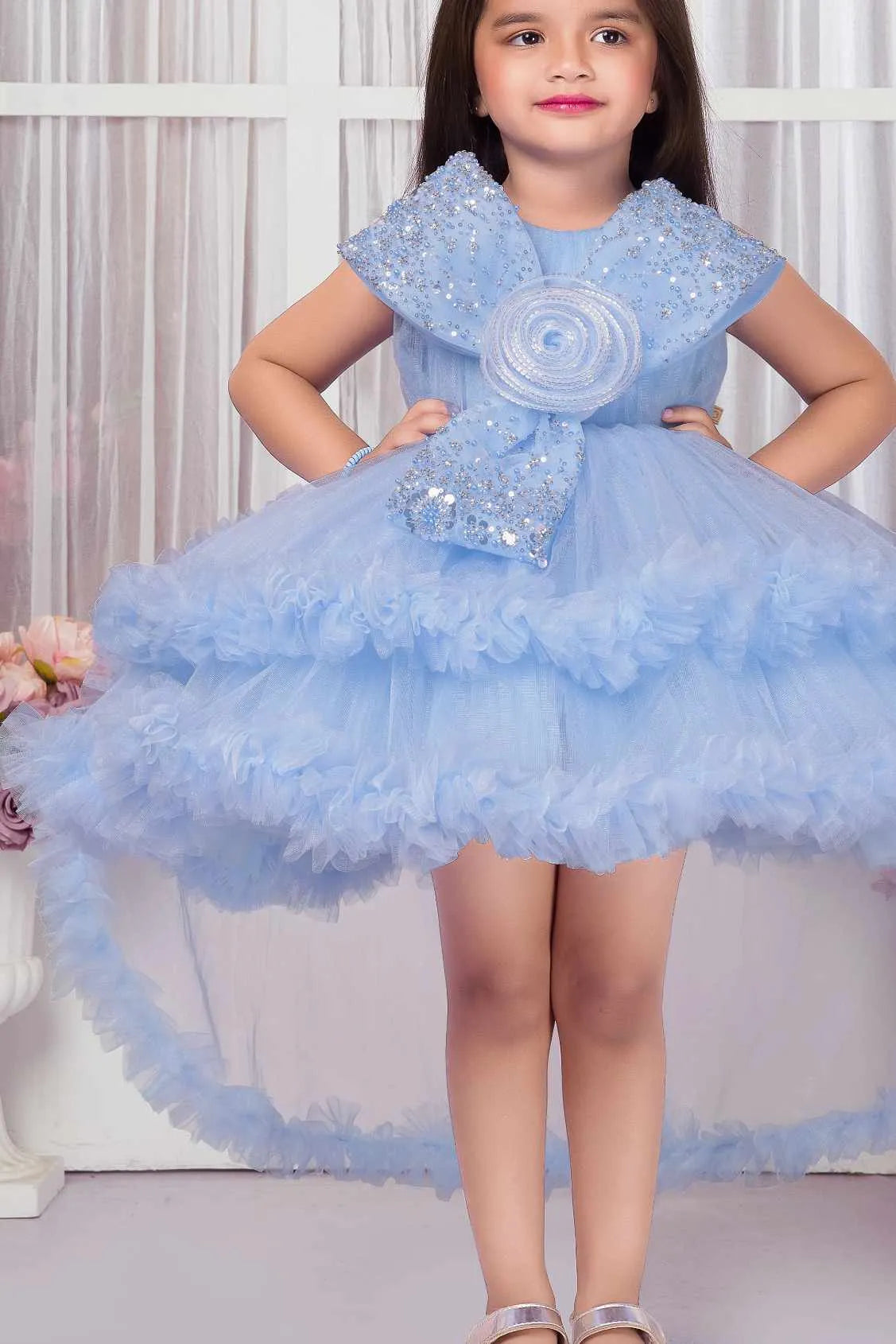 Powder Blue Sequin Bow Party Frock For Girls