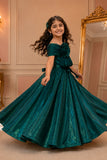 Teal Green Off-Shoulder Pleated Bow Party Gown For Girls