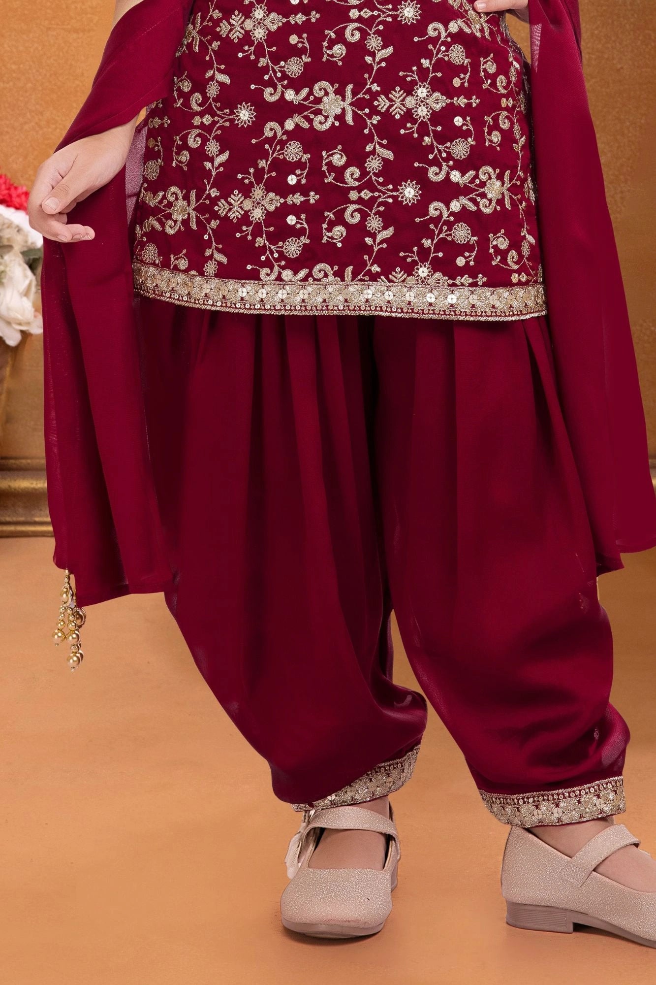 Maroon Embroidered Patiala Set For Girls