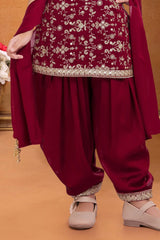 Maroon Embroidered Patiala Set For Girls