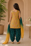 Mustard Yellow Floral Embroidered Patiala Set with Dupatta For Girls