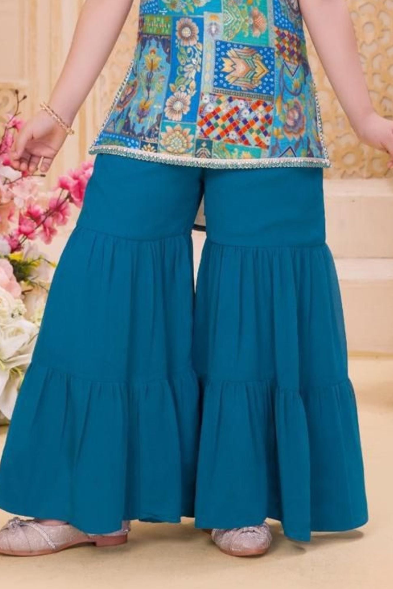Blue Embroidered Sharara Set with Dupatta For Girls