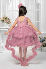 Onion Pink Sleeveless And Sequins Work With Floral Embellished Tail Back Frock For Girls