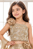 Gold Sequin One-Shoulder Organza Lehenga Set For Girls