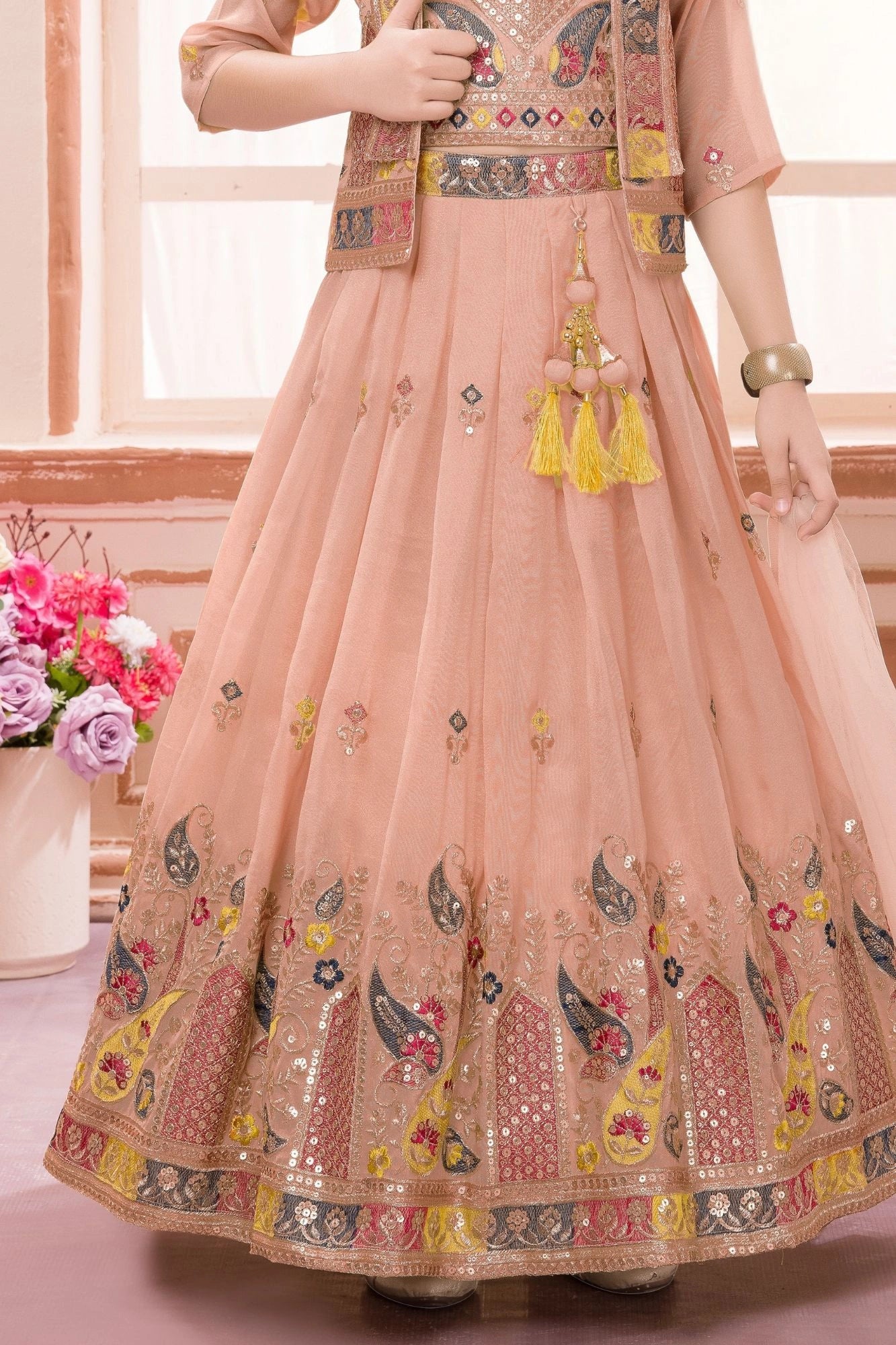 Peach Embroidered Lehenga Choli with Jacket For Girls