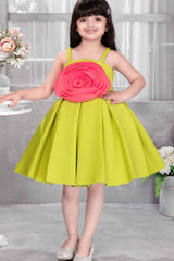 Lime Green Floral Embellished Party Wear Frock For Girls