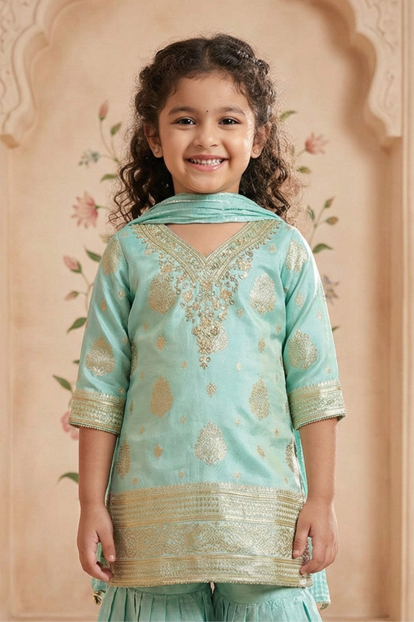 Girls Sea Green Sharara Set With Zari Embroidery And Dupatta