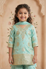 Girls Sea Green Sharara Set With Zari Embroidery And Dupatta