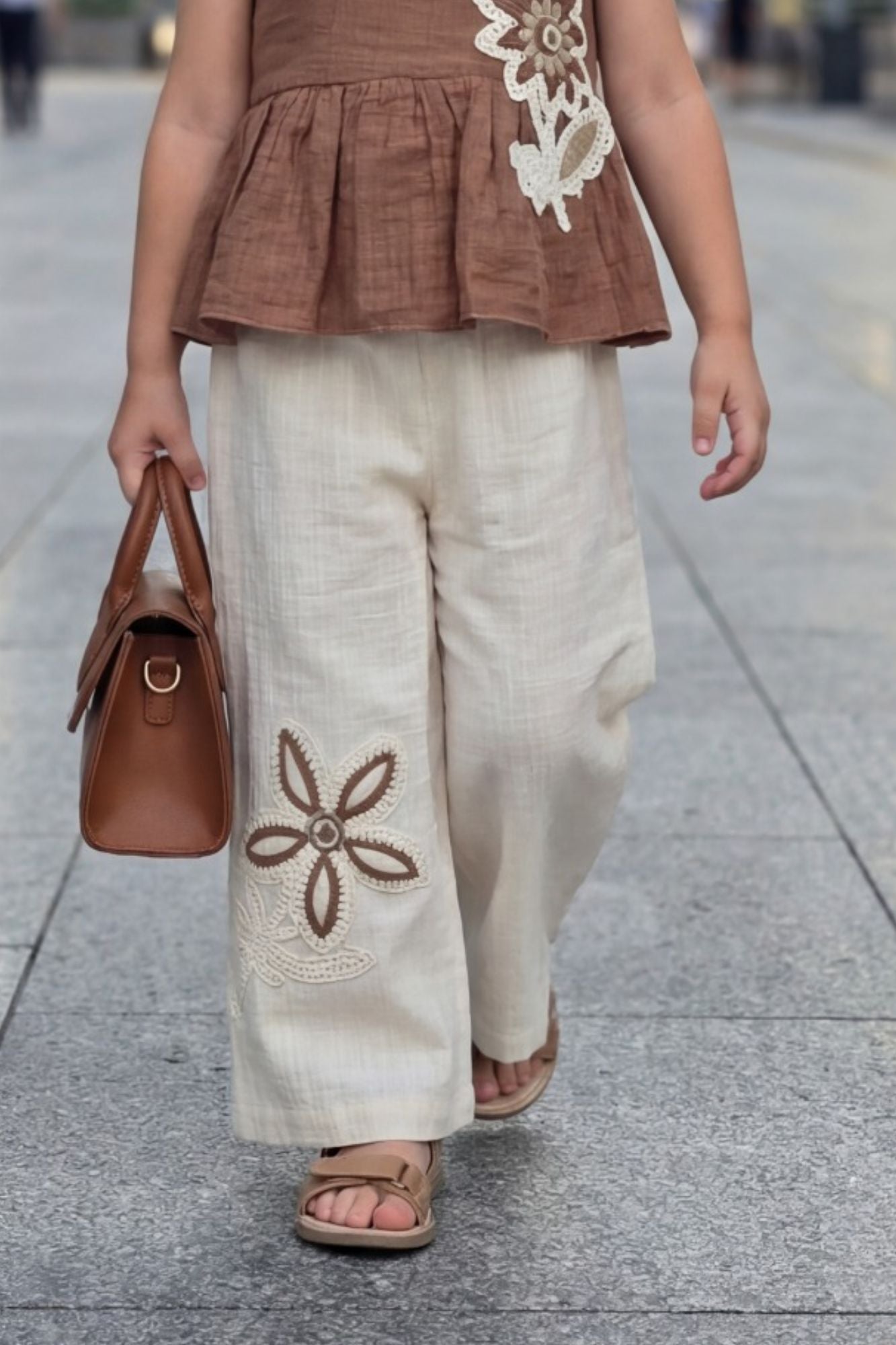 Girls Brown Stylish Peplum Top And Cream Pant Co-Ord Set