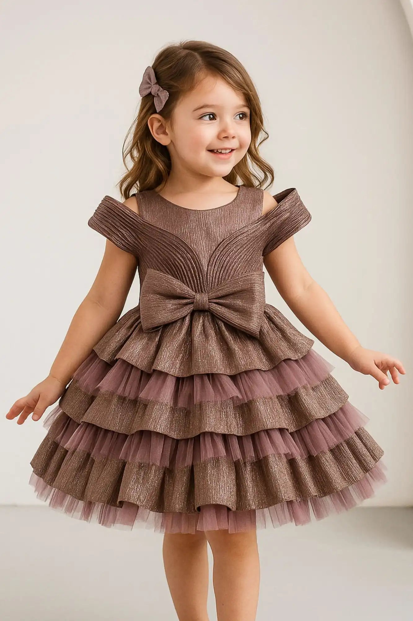 Metallic Mauve Bow Embellished Party Wear Frock For Girls