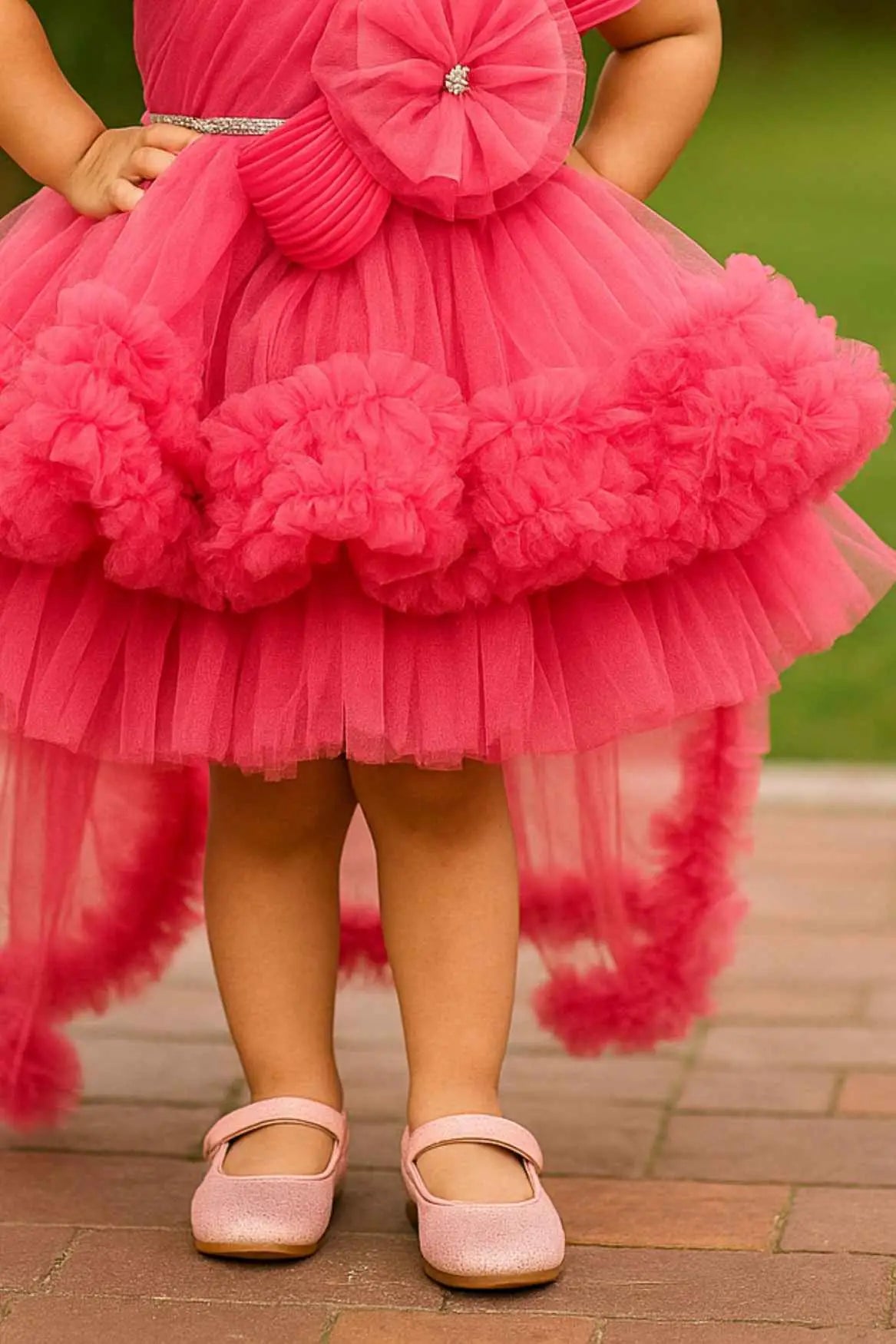 Dark Peach Floral Embellished Party Wear Tailback Frock For Girls