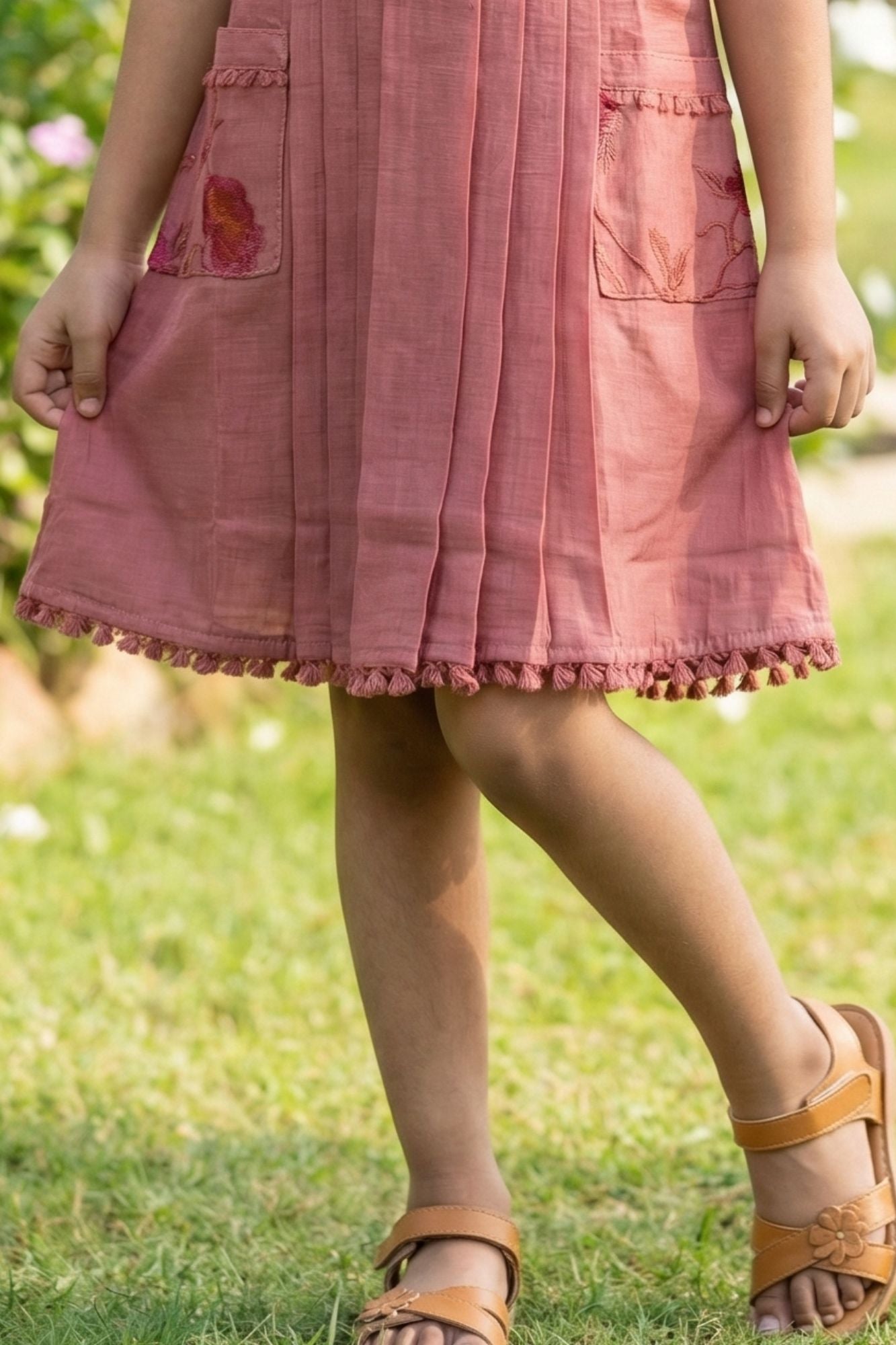 Rust Pink Floral Embroidered Frock For Girls