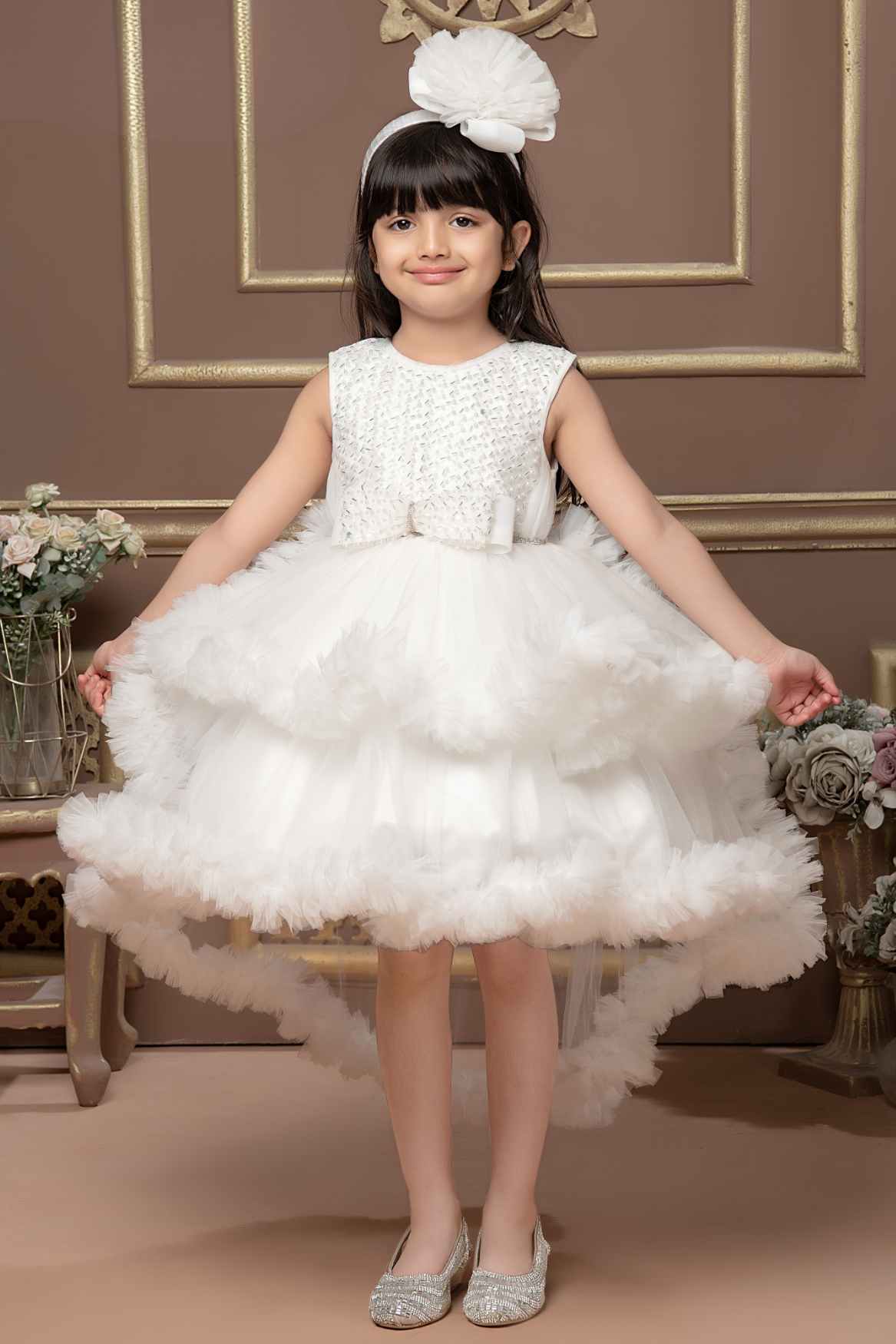 White Bead Work Party Wear Tailback Frock For Girls