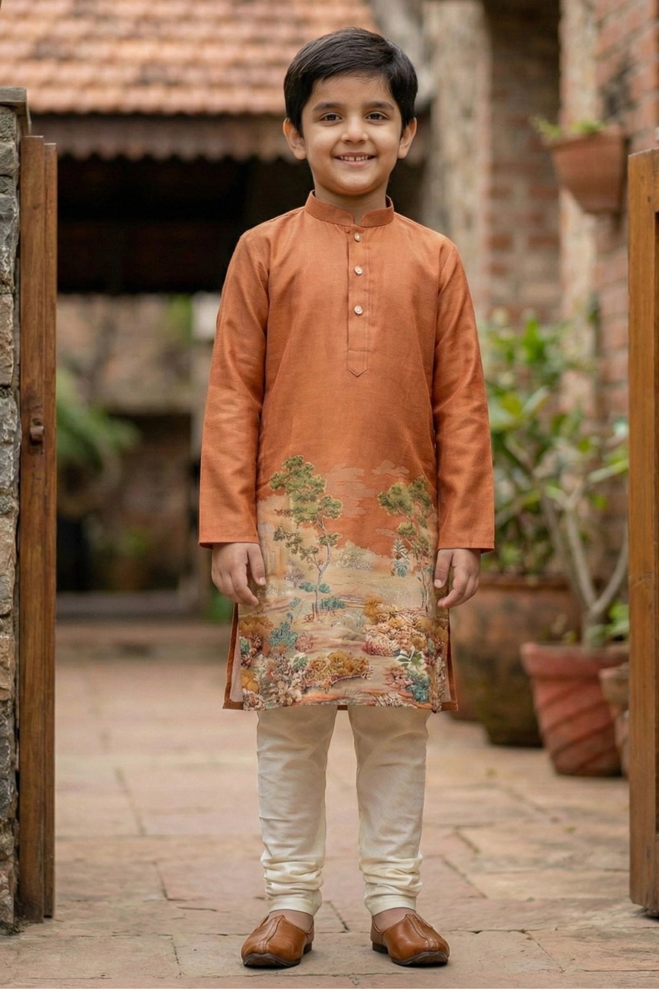 Orange Scenic Print Kurta With Cream Pajama Set For Boys
