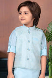 Sky Blue Sequins Embroidery Kurta Set With Waist Coat Set For Boys