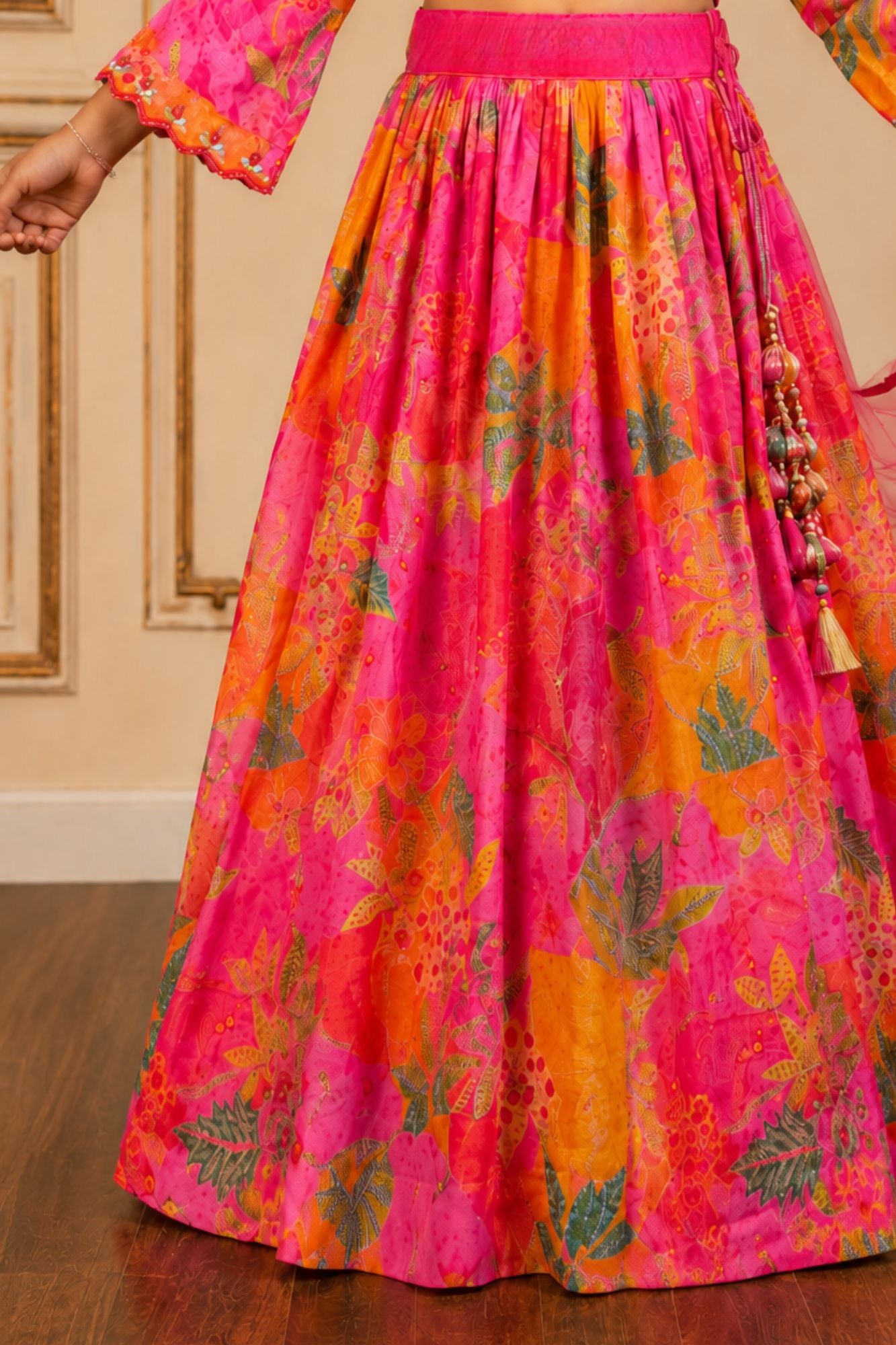Pink and Orange Floral Printed Lehenga Choli Set with Dupatta
