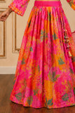 Pink and Orange Floral Printed Lehenga Choli Set with Dupatta