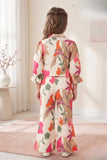 Girls Cream With Multicolor Floral Printed Co-Ord Set