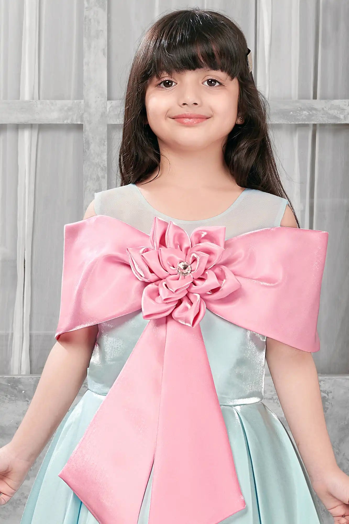Aqua Blue Sleeveless Gown with Oversized Dusty Pink Bow for Girls
