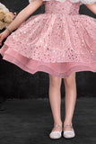 Blush Pink Sequin Party Wear Frock with 3D Floral Neckline For Girls