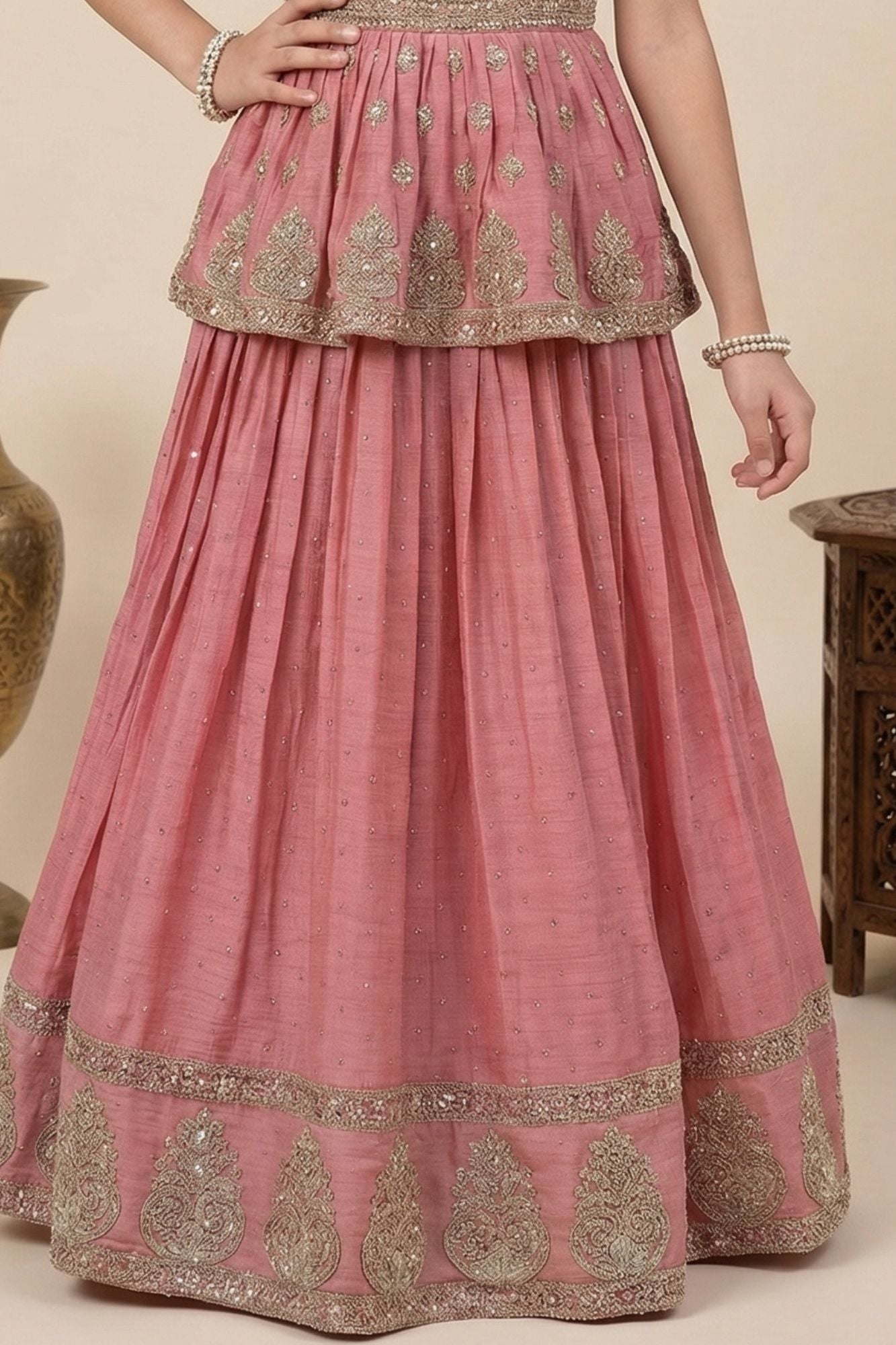 Dusty Pink Zari Embroidered Peplum Top With Lehenga Set For Girls