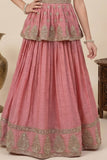 Dusty Pink Zari Embroidered Peplum Top With Lehenga Set For Girls