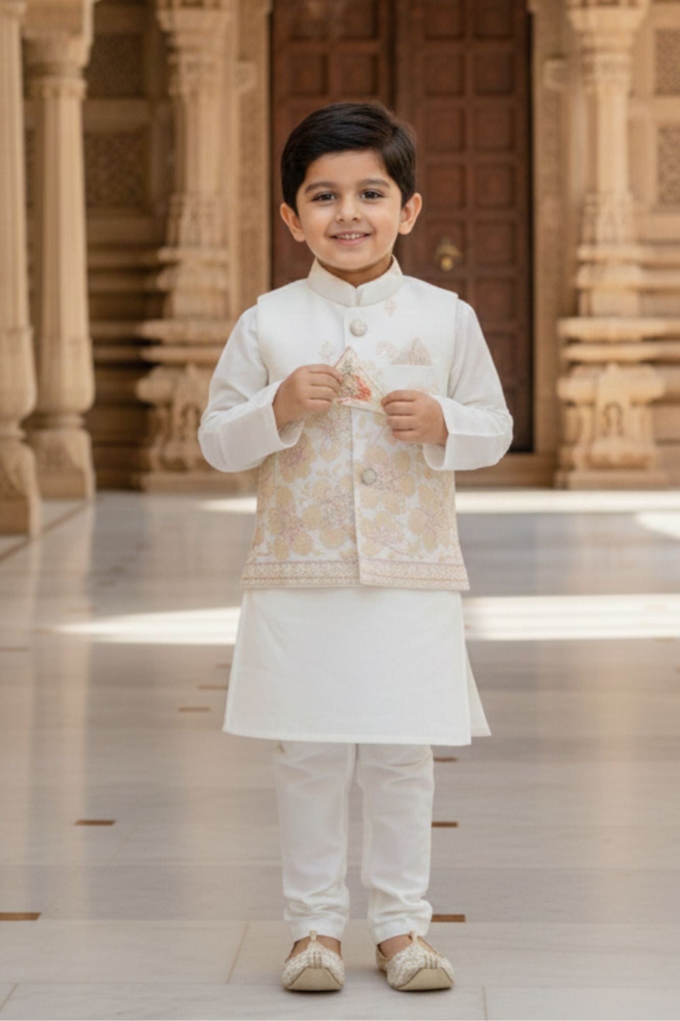 White Sequins Embroidered Kurta Pyjama Set with Jacket For Boys