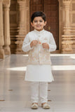 White Sequins Embroidered Kurta Pyjama Set with Jacket For Boys