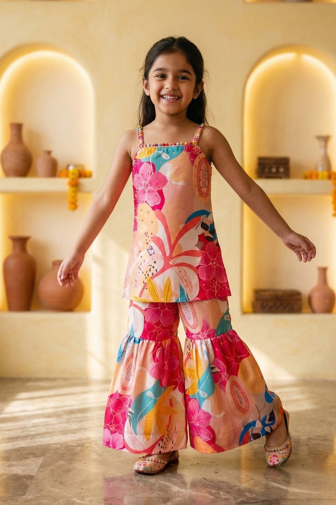 Girls Multicolor Floral Printed Sharara Set with Spaghetti Strap Kurti And Dupatta
