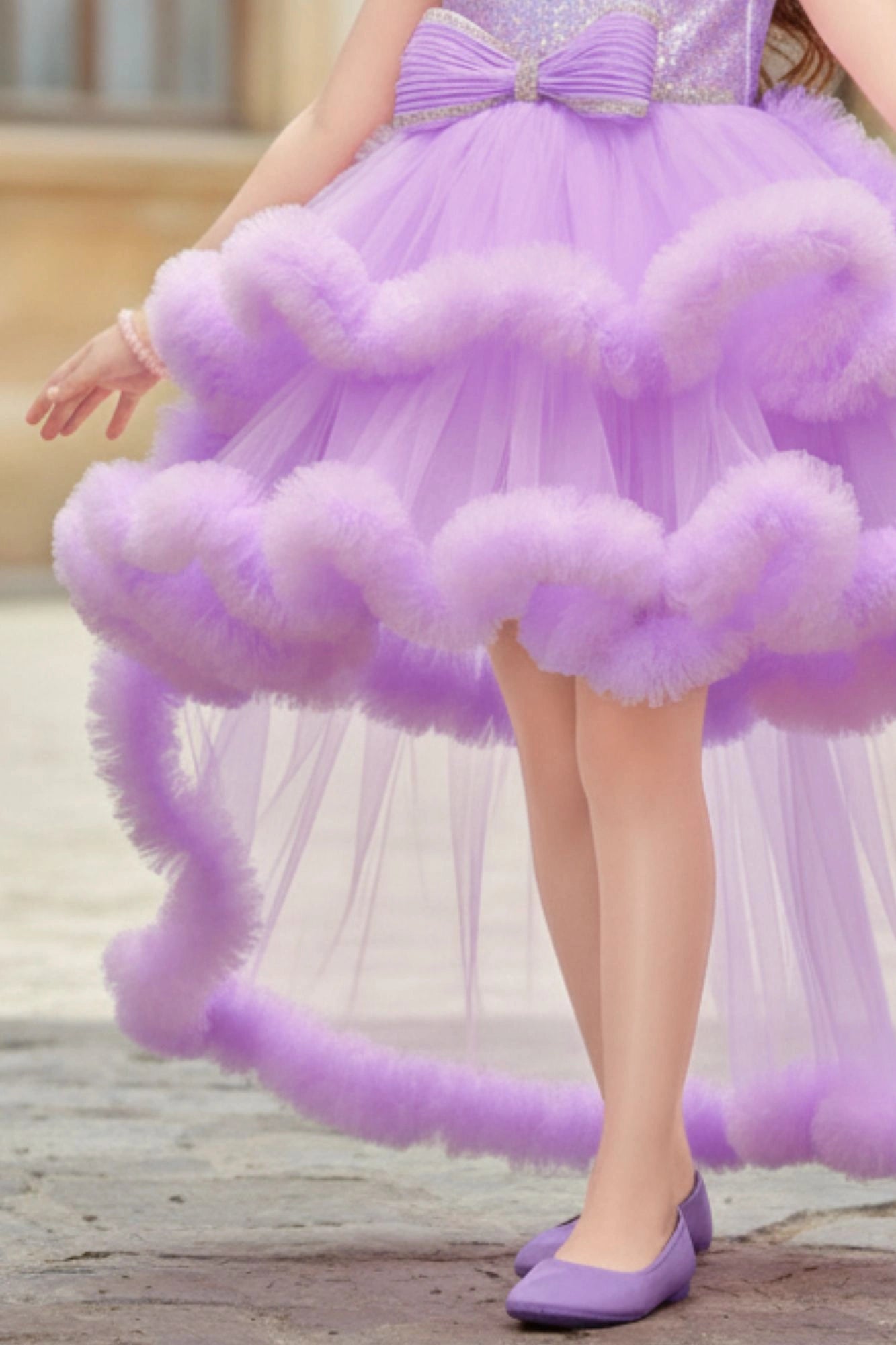 Lavender Sequin Embellished High-Low Party Dress with Ruffle Hem For Girls