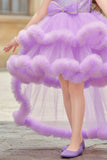 Lavender Sequin Embellished High-Low Party Dress with Ruffle Hem For Girls