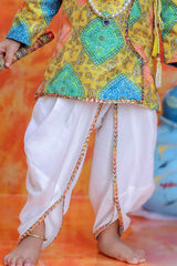 Yellow Krishna Janmashtami Bandini Print kurta With Dhoti For Boys