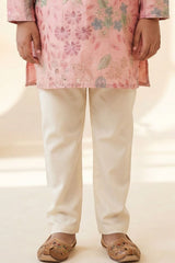 Boys Peach Floral Embroidered Kurta Set with Cream Pyjama