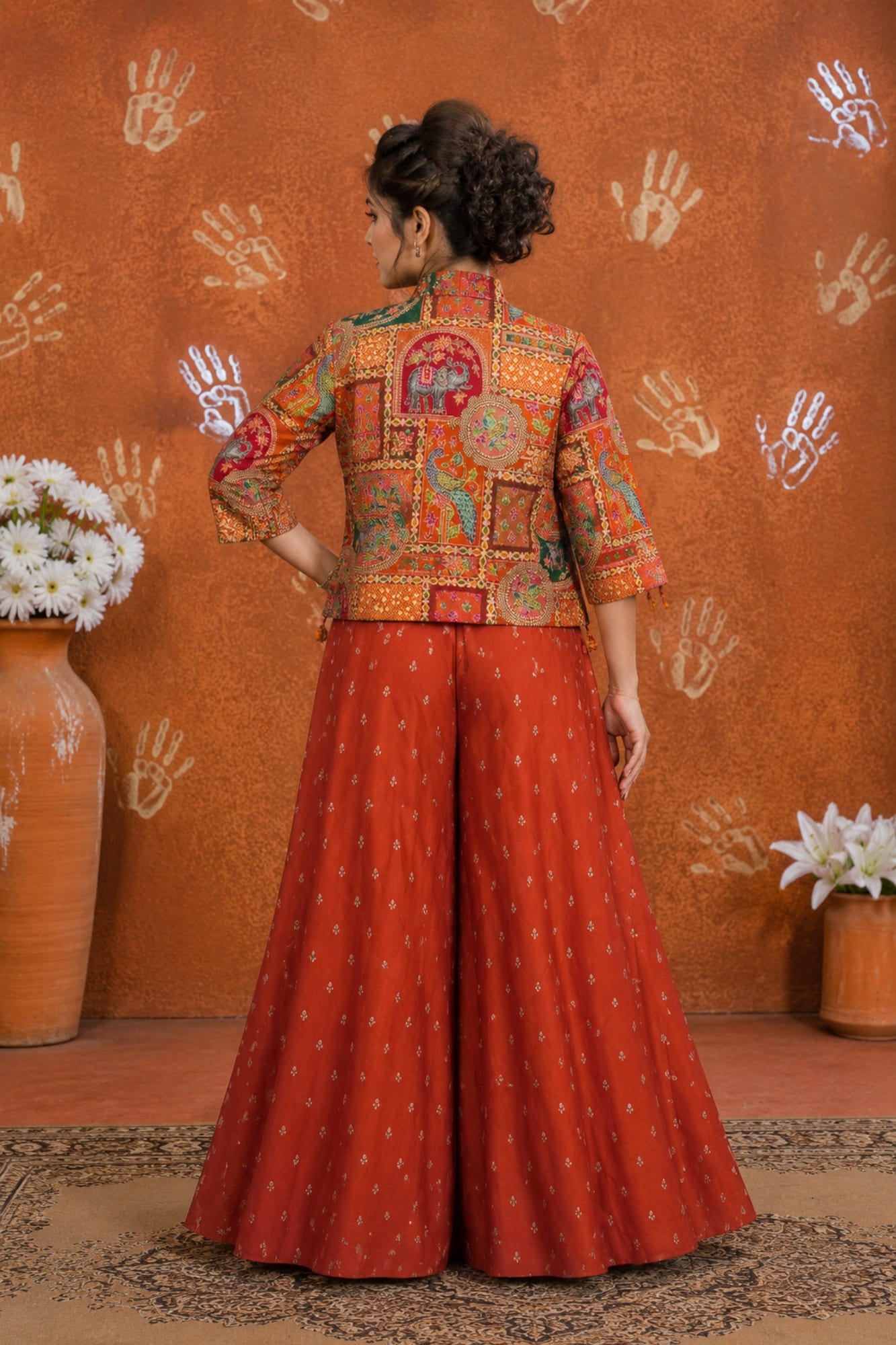 Girls Orange Printed Palazzo Set with Jacket and Palazzo Pants